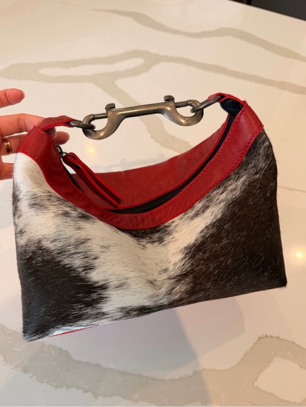 Red Leather and Black-White Haircalf Shoulder Bag